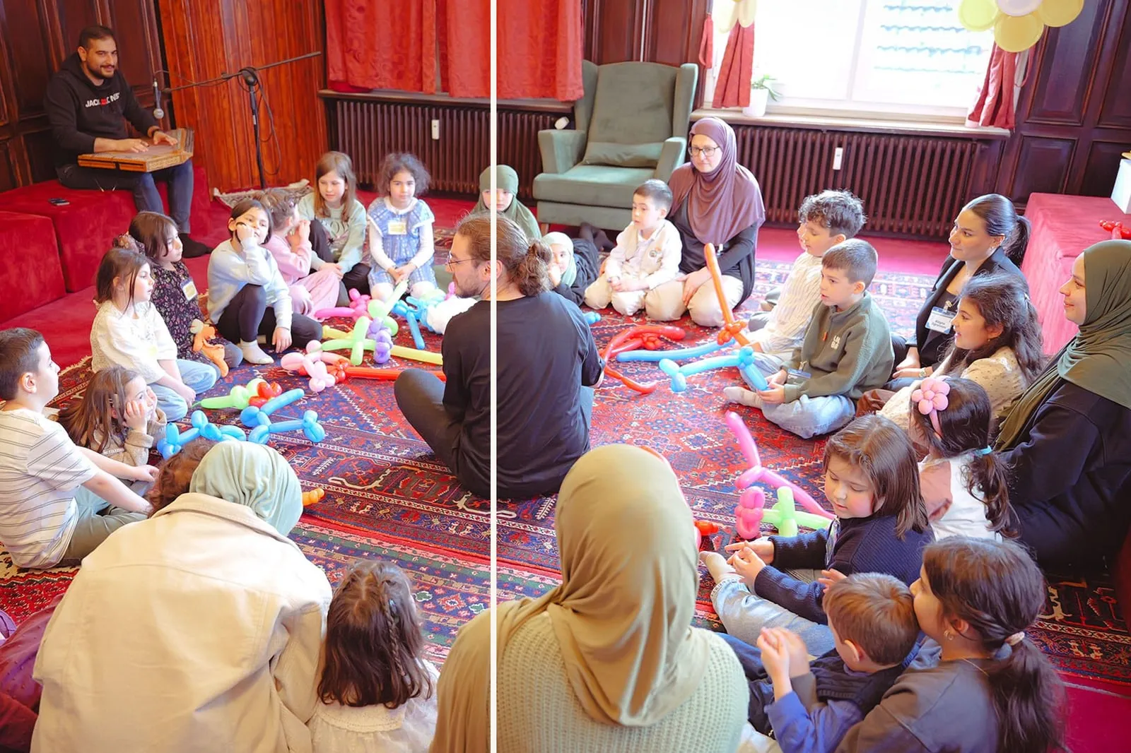 Kinder sitzen im Kreis auf dem Teppich, ein Musiker spielt Qanun